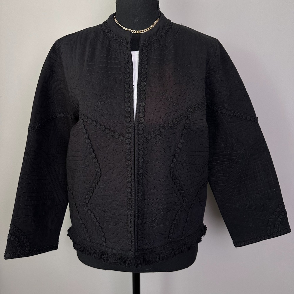 Lacy Chabert Women Jacket Medium Black Quilted Fringe Boho Dark Cottage New Flaw